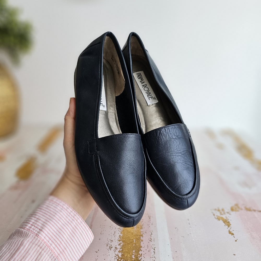 Vintage Prima Royale Genuine Leather Navy Blue Women's Loafer Shoes Size 8.5M